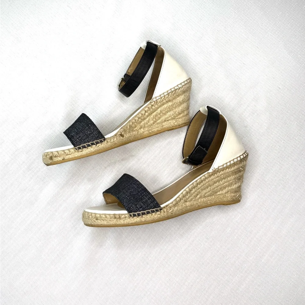 Talbots Navy Espadrille Sandals Ankle Strap Canvas Leather Size 6.5